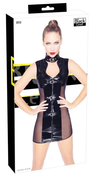 Black Level Vinyl Mini Dress with Buckle Accents, Size L, Black