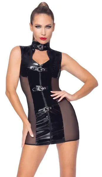 Black Level Vinyl Mini Dress with Buckle Accents, Size L, Black