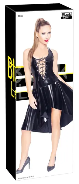 Black Level Vinilna Halter Haljina L - Sjajno Crna, Lepršava Suknja