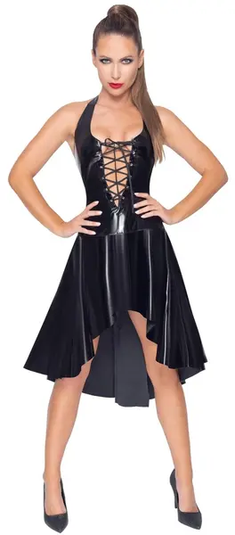 Black Level Vinilna Halter Haljina L - Sjajno Crna, Lepršava Suknja