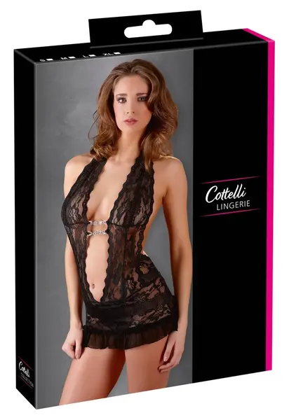 Cottelli Collection Čipkasta Haljina sa Halter Izrezom Crna XL Otvorenih Leđa Cvetni Dizajn