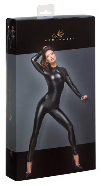 Noir Powerwetlook Catsuit S with Leash, Black, 2-Way Zipper