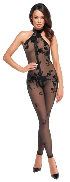 Noir Handmade Mrežasti Catsuit XL sa Trojni Patent Cvetni Velvet Uzorak