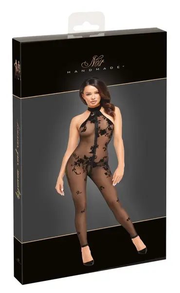 Noir Handmade Mesh Catsuit L - Crni floralni somot, 3-smerni rajsferšlus