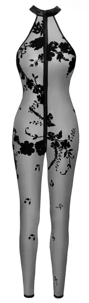 Noir Mesh Catsuit M Black Floral Flock Off-Shoulder 3-Way Zip