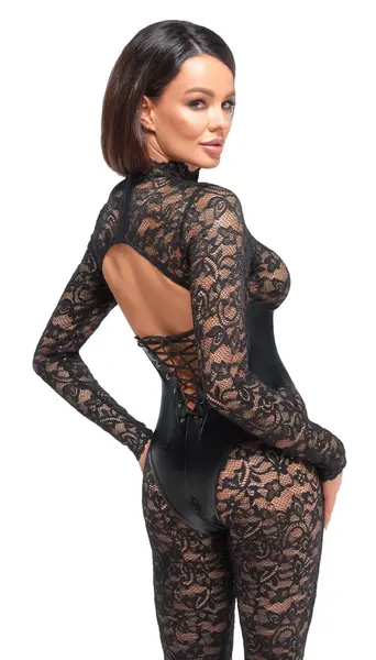 Noir Handmade Catsuit Lace & Powerwetlook with Open Back, Black
