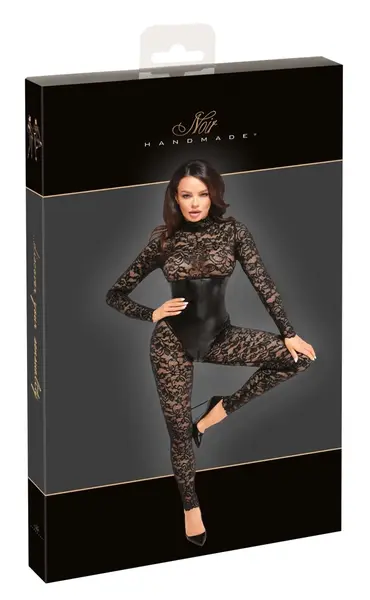 Noir Handmade Catsuit Lace & Powerwetlook, Long Sleeve, High Neck