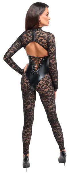Noir Handmade Catsuit HLP Powerwetlook & Lace Long Sleeve Black