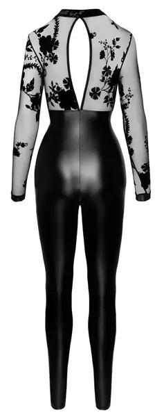 Noir Handmade Powerwetlook Jumpsuit XL with Velvet Flocked Tulle