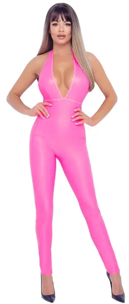 Cottelli Party Kombinezon Neon Pink L - Sjajni Halternek Bodysuit