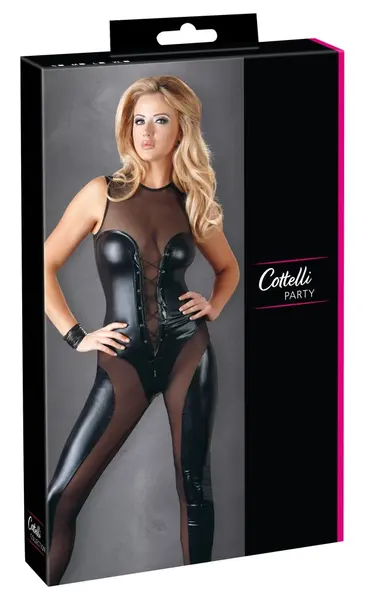 Cottelli Collection Kombinezon Wetlook XL - Sjajni Crni Powernet Bodysuit