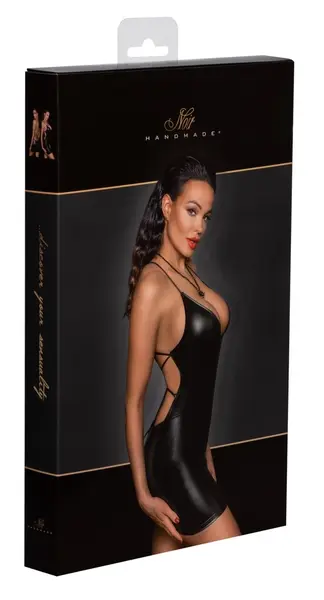 Noir Handmade Mini Dress XL Powerwetlook, Deep Neckline, Black