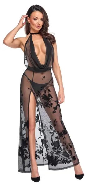 Noir Handmade Long Halterneck Mesh Dress with Velvet Floral Print L