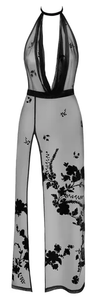 Noir Handmade Long Halterneck Mesh Dress with Velvet Floral Print L