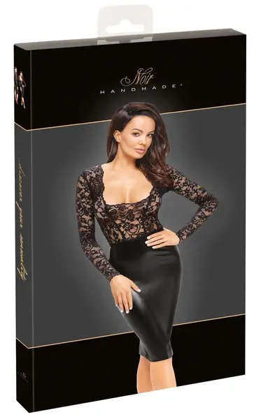 Noir Handmade S Elegant Lace & Powerwetlook Knee-Length Dress Black
