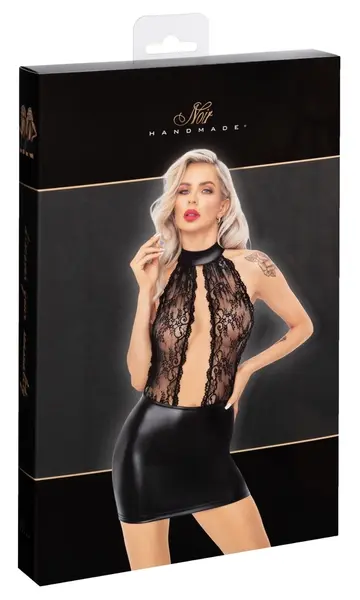 Noir Handmade S Elegant Lace & Powerwetlook Black Mini Dress