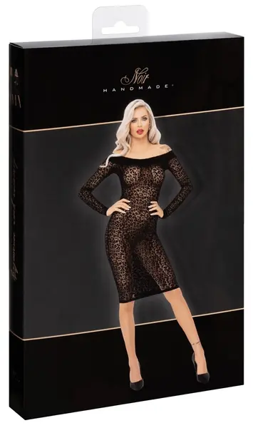 Noir Knee-Length Leopard Powernet Dress XL, Off-Shoulder Velvet Detail