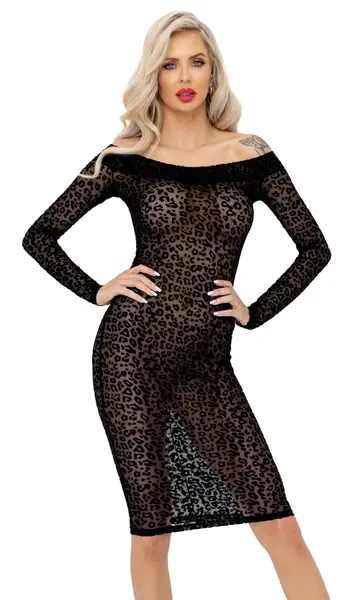 Noir Knee-Length Leopard Powernet Dress XL, Off-Shoulder Velvet Detail