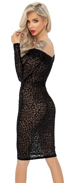 Noir Knee-Length Leopard Powernet Dress XL, Off-Shoulder Velvet Detail