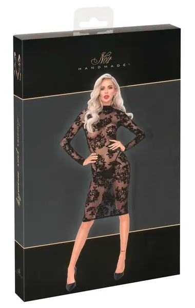 Noir Handmade Floral Velvet Midi Dress L - Sheer Tulle, Long Sleeve