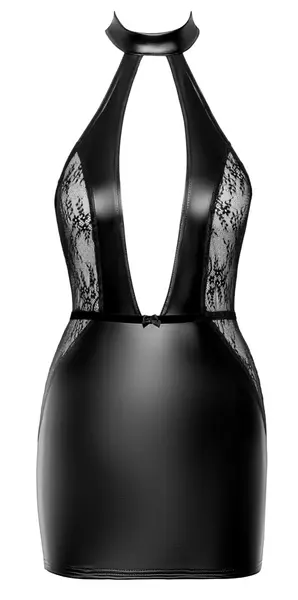 Noir Handmade Mini Dress Lace XL - Wet Look & Lace, Deep Plunge, Black
