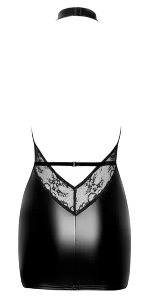 Noir Handmade Mini Dress M - Wet Look & Lace, Halter Neck, Black