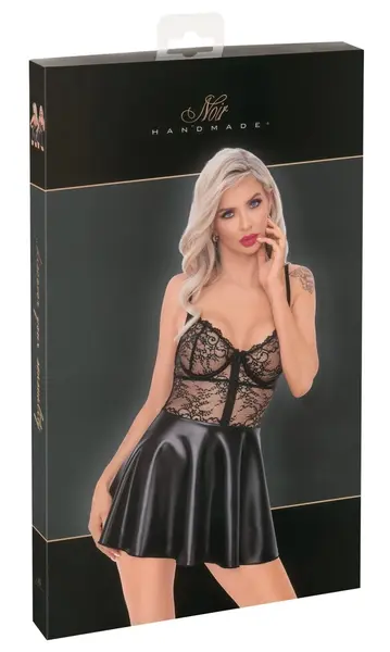 Noir Handmade čipkana i wet look haljina XL - Elegantan kontrastni dizajn