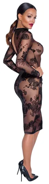 Noir Handmade Floral Velvet Flock Transparent Dress L, Knee-Length