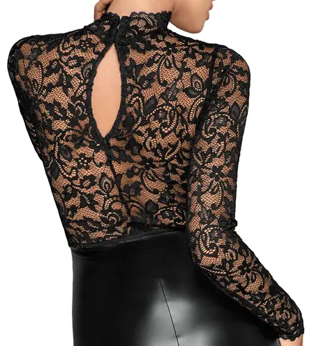 Noir Handmade Dress XL - Lace & Wet Look Contrast, Long Sleeve