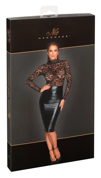 Noir Handmade Dress M - Lace & Wetlook, Long Sleeve, Knee-Length