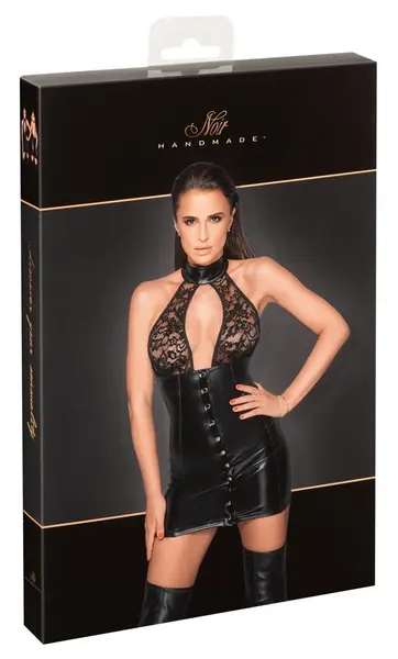 Noir Handmade Dress L - Lace & Wet Look, Halterneck, Black