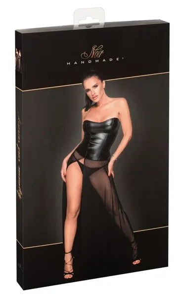 Noir Handmade Long Power Wet Look & Mesh Dress Gemstone S Black
