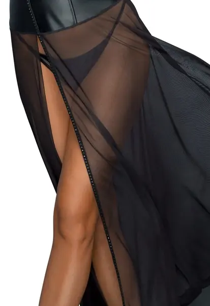 Noir Handmade Long Power Wet Look & Mesh Dress Gemstone S Black