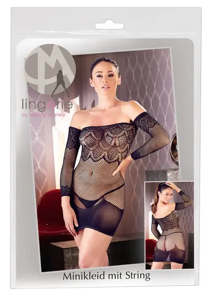 Cottelli Collection Net Mini Dress S-L with Integrated Gauntlets Black