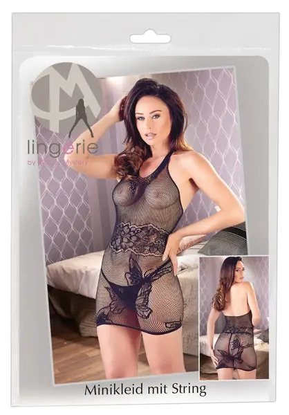 Cottelli Collection Net Mini Dress S-L with Lace Inserts Black