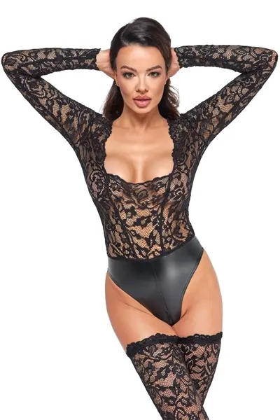 Noir Handmade Čipka i Wet Look body sa dugim rukavima XL