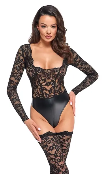 Noir Handmade Lace & Wetlook Long-Sleeve Body L Black