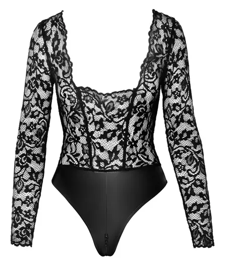 Noir Handmade Lace & Wetlook Long-Sleeve Body L Black