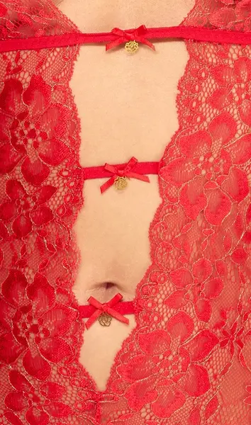Kissable Body crveni S/M - elegantni čipkani body sa podvezicama, zlatni detalji