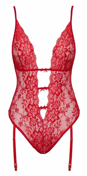 Kissable Body crveni S/M - elegantni čipkani body sa podvezicama, zlatni detalji