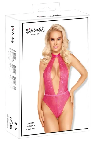 Kissable Body Pink L/XL - Elegantna čipka, satenske trake bez leđa