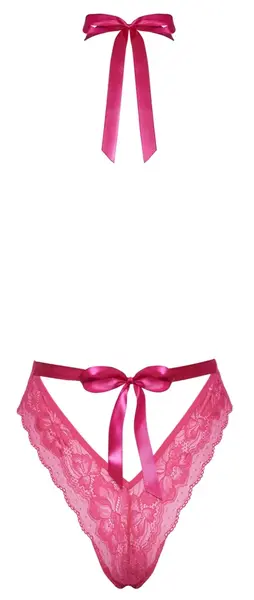 Kissable Body Pink L/XL - Elegantna čipka, satenske trake bez leđa