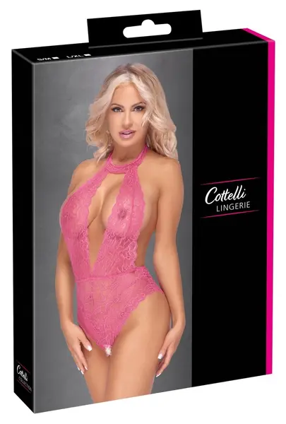 Cottelli Lingerie Pink Lace Bodysuit L/XL - Open Design, Halterneck