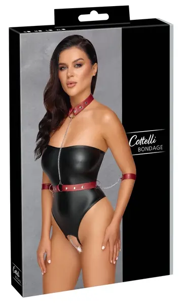 Cottelli Bondage XL Body bez naramenica sa odvojivim crvenim harnessom, Crna