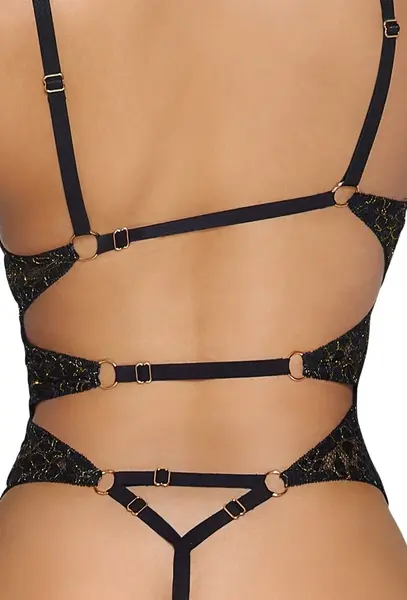 Abierta Fina Body Gold S - Elegantna Čipkana Bodibela sa Metalnim Nitima