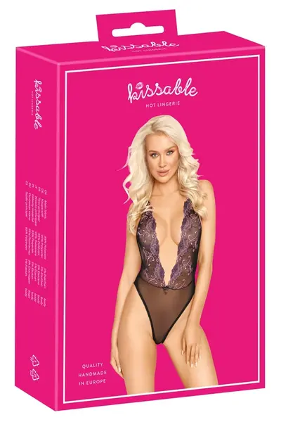Kissable L/XL Crni mrežasti bodi sa cvetnim vezom i podesivim naramenicama
