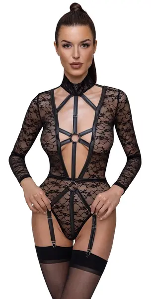 Cottelli LINGERIE Body Lace L dugih rukava, podesivi pojas, Crna