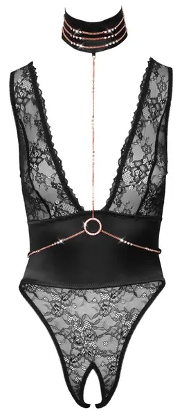 Abierta Fina Body Rhinestones S - Dizajn od Čipke, Uklonjivi Lanci, Crni