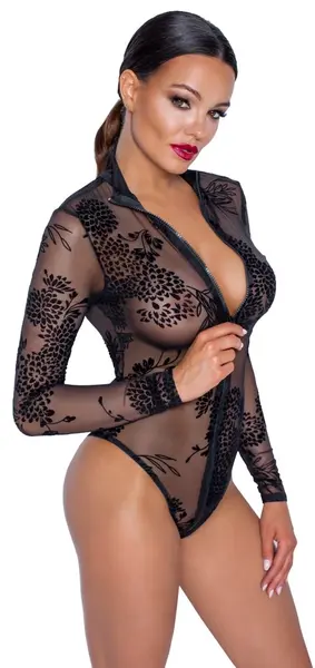 Noir Handmade Body M Long Sleeve Powernet Floral Velvet Black