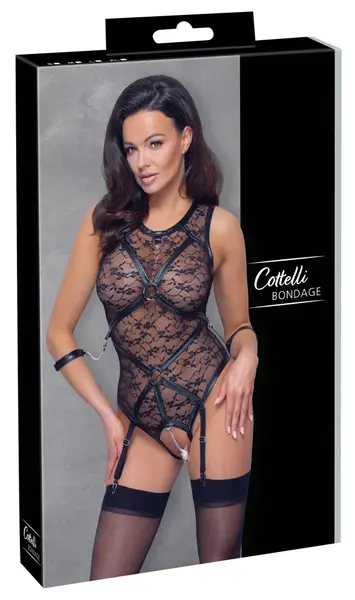 Cottelli BONDAGE Body Crni Čipka i mat detalji, lisice za ruke, L